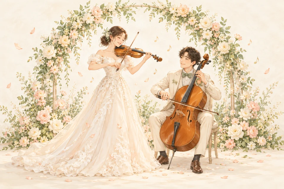 新娘拉小提琴、新郎拉大提琴，喺花拱門下演奏。